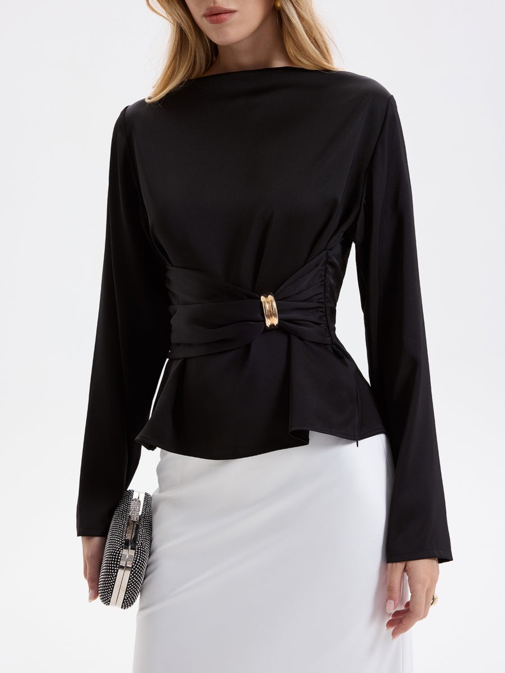 Commense Metal Detail Ruched Waist Satin Blouse